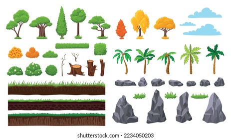 Nature forest landscape elements, stone rocks and tree, bushes and wood. Summer autumn spring garden natural graphic, vector mountains, grounds and plants