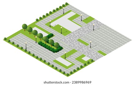 Nature forest landscape of isometric illustration with green tree, grass, stone, for game design.