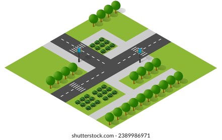Nature forest landscape of isometric illustration with green tree, grass, stone, for game design.