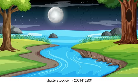 Nature forest landscape at night scene with long river flowing through the meadow illustration