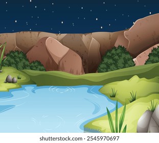 Paisaje del bosque de la Naturaleza en escena de la noche con el río largo que fluye a través del prado
