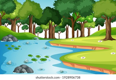 Nature forest landscape scene with many fishes in the stream illustration