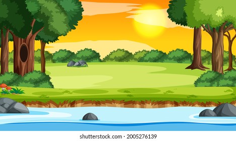 Paisaje natural forestal al atardecer con río fluyendo a través de ilustración forestal