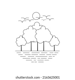 Vector de material de icono de línea delgada del paisaje de los bosques naturales. Ilustración del Día Mundial del Medio Ambiente. Icono negro de naturaleza plana sobre blanco.