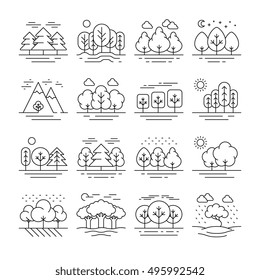 Nature Forest Landscape Thin Line Icons. Tree Plant And Mountain, Vector Illustration