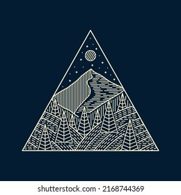 The nature and the forest mountain in mono line art, design for badge patch pin graphic illustration vector art t-shirt design