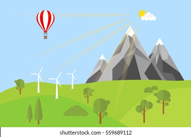 Nature, forest, mountains, trees, clouds sky, balloon, nature icon. Flat design, vector illustration, vector.