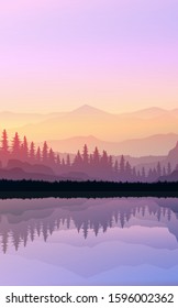 Nature forest Natural Pine forest mountains horizon Landscape wallpaper Sunrise and sunset Illustration vector style colorful view background