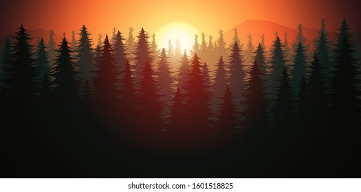 Nature forest Natural Pine forest mountains horizon Landscape wallpaper Mountains lake landscape silhouette tree sky red Sunrise and sunset Illustration vector style colorful view background