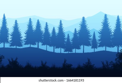  Bosque natural Bosque Pino natural montañas horizonte Papel pintado Paisaje Sunrise y sunset Ilustración estilo vectorial colorido fondo de visión