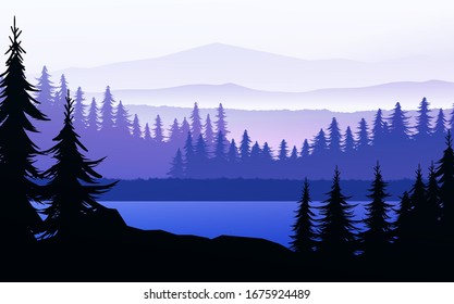 Nature forest Natural Pine forest mountains horizon Landscape wallpaper Sunrise and sunset Illustration vector style colorful view background