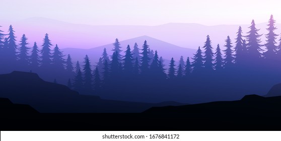 Nature forest Natural Pine forest mountains horizon. Landscape wallpaper. Sunrise and sunset. Illustration vector style colorful view background.