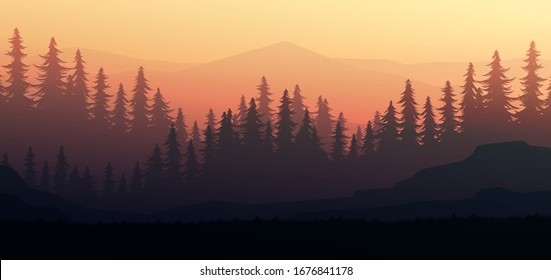 Nature Forest Natural Pine Forest Mountains Horizon. Landscape Wallpaper. Sunrise And Sunset. Illustration Vector Style Colorful View Background.