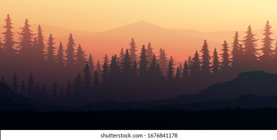 Nature forest Natural Pine forest mountains horizon. Landscape wallpaper. Sunrise and sunset. Illustration vector style colorful view background.