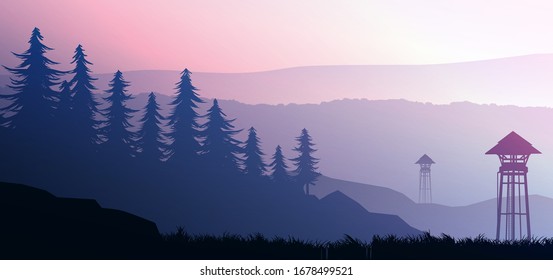 Nature forest Natural Pine forest mountains horizon. Landscape wallpaper. Sunrise and sunset. Illustration vector style colorful view background.