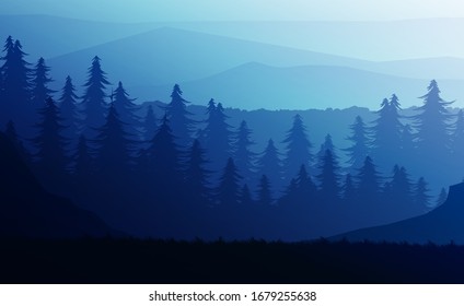 Nature forest Natural Pine forest mountains horizon. Landscape wallpaper. Sunrise and sunset. Illustration vector style colorful view background.