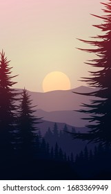 Nature forest Natural Pine forest mountains horizon. Landscape wallpaper. Sunrise and sunset. Illustration vector style colorful view background.