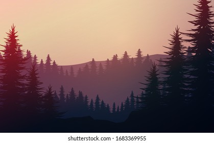 Nature forest Natural Pine forest mountains horizon. Landscape wallpaper. Sunrise and sunset. Illustration vector style colorful view background.