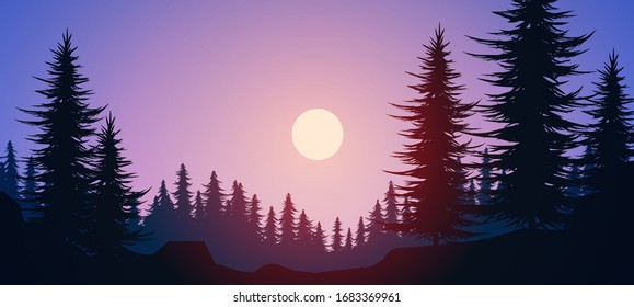 Nature forest Natural Pine forest mountains horizon. Landscape wallpaper. Sunrise and sunset. Illustration vector style colorful view background.