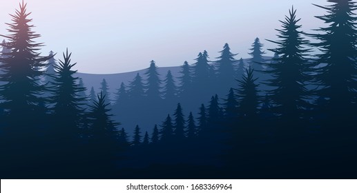 Nature forest Natural Pine forest mountains horizon. Landscape wallpaper. Sunrise and sunset. Illustration vector style colorful view background.