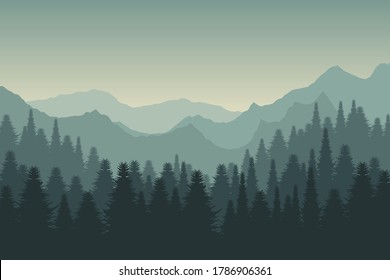 Bosque natural Bosque natural de Pinos naturales horizonte. Fondo de pantalla paisajista. concepto de amanecer o de puesta de sol. Fondo de vista colorido de estilo vectorial de ilustración.