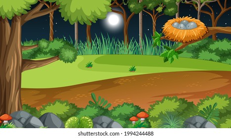 Nature forest at night scene with many trees illustration