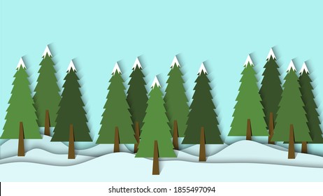 Nature Forest Paper Cut In Winter Season Background Vector Illustration