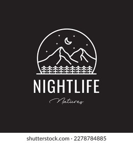 nature forest pine trees mountain crescent line art minimal logo design vector