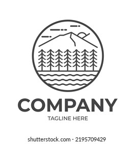 Nature forest river and mountain in circle monoline logo company