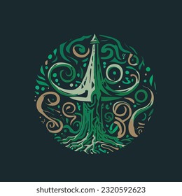 nature forest round isolated with high pines in fir trees on green background for logo inspiration