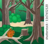 Nature forest scene big trees, bushes, squirrel on branch. Flat cartoon design template for game, book, background. 