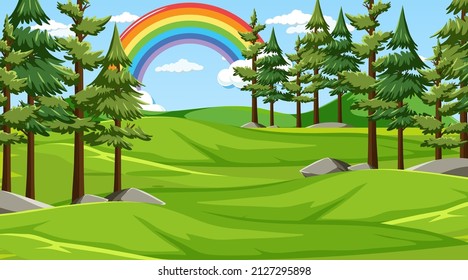 Nature forest scene with rainbow in the sky illustration