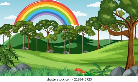 Nature forest scene with rainbow in the sky illustration