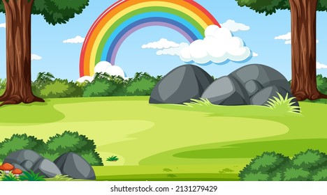 Nature forest scene with rainbow in the sky illustration