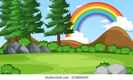 Nature forest scene with rainbow in the sky illustration