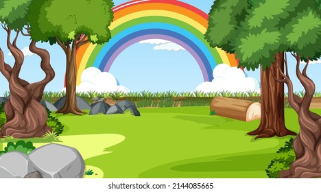 Naturwaldszene mit Regenbogen in der Himmelsgrafik