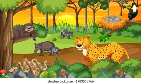 Bosque natural en la escena del atardecer con ilustración de animales salvajes