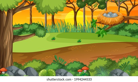Bosque natural en la ilustración de la escena de la puesta de sol