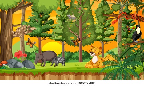 Bosque natural en la escena del atardecer con ilustración de animales salvajes