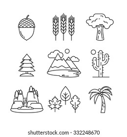 Nature and forest thin line art icons set. Modern black symbols isolated on white for infographics or web use.