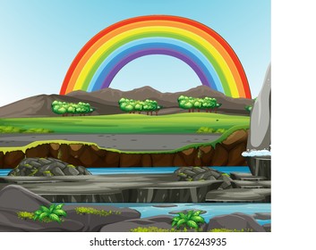 Nature forest view with rainbow in the sky scene illustration