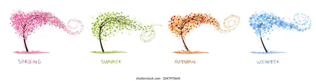 Natur Vier stilisierte Bäume, die verschiedene Jahreszeiten Frühling, Sommer, Herbst, Winter. Vektorgrafik.