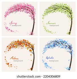 Nature Four stylized trees representing different seasons spring, summer, autumn, winter. Vector.
