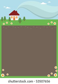 nature frame background with house, trees and flowers