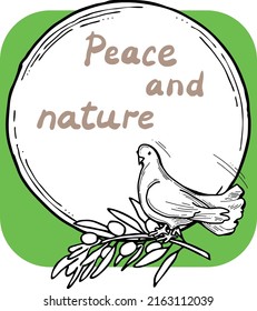 Nature frame border with doves and olive branch. Symbol of peace in the world, hope, faith, love. Bridal decorative element template. Hand drawn vintage style illustration. Cartoon line vector drawing