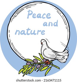 Nature frame border with doves and olive branch. Symbol of peace in the world, hope, faith, love. Bridal decorative element template. Hand drawn vintage style illustration. Cartoon line vector drawing