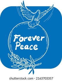 Nature frame border with doves and olive branch. Symbol of peace in the world, hope, faith, love. Bridal decorative element template. Hand drawn vintage style illustration. White line vector drawing