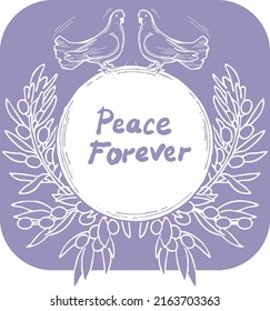 Nature frame border with doves and olive branch. Symbol of peace in the world, hope, faith, love. Bridal decorative element template. Hand drawn vintage style illustration. White line vector drawing