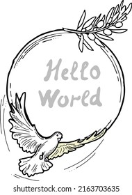 Nature frame border with doves and olive branch. Symbol of peace in the world, hope, faith, love. Bridal decorative element template. Hand drawn vintage style illustration. Cartoon line vector drawing