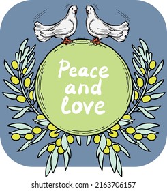 Nature frame border with doves and olive branch. Symbol of peace in the world, hope, faith, love. Bridal decorative element template. Hand drawn vintage style illustration. Cartoon line vector drawing